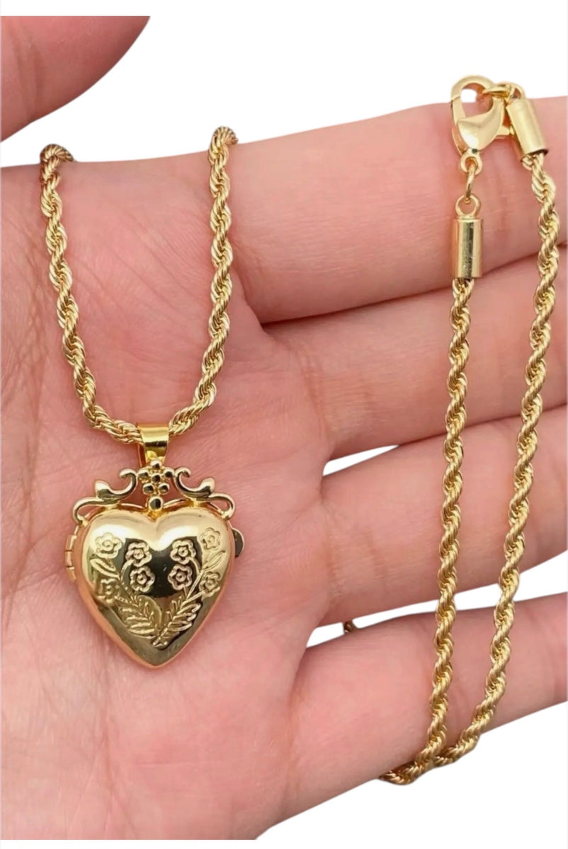 Flower Engraved Heart Locket Necklace | 18K Gold Plated Dainty