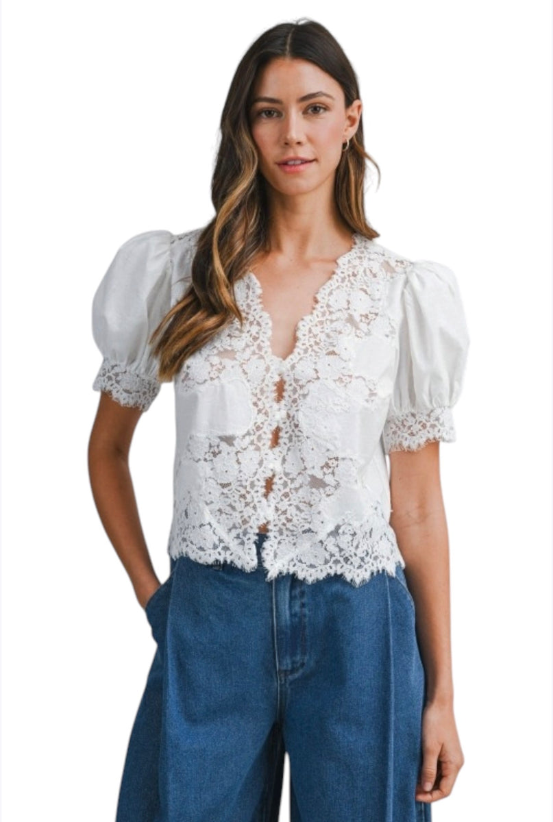 Luna Lace Trim Blouse | Cotton Linen Floral Lace Summer Top