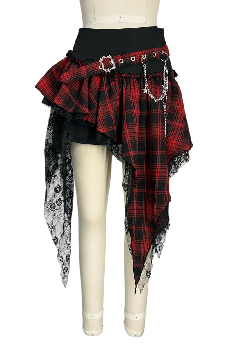 Black Mini Skirt – Red/Black Plaid, Lace Trim & Chain Belt