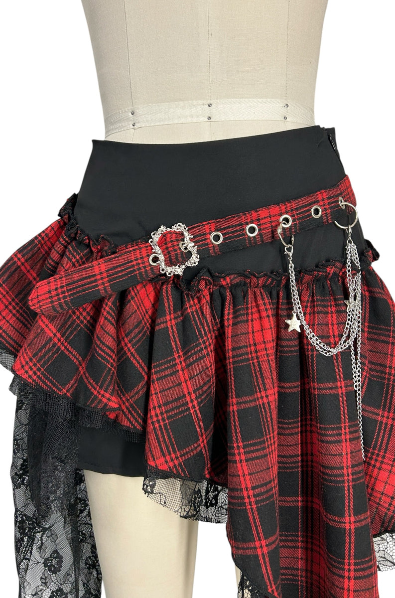 Black Mini Skirt – Red/Black Plaid, Lace Trim & Chain Belt