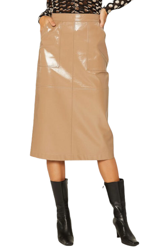 Patent Faux Leather Pencil Midi Skirt with Side Slit
