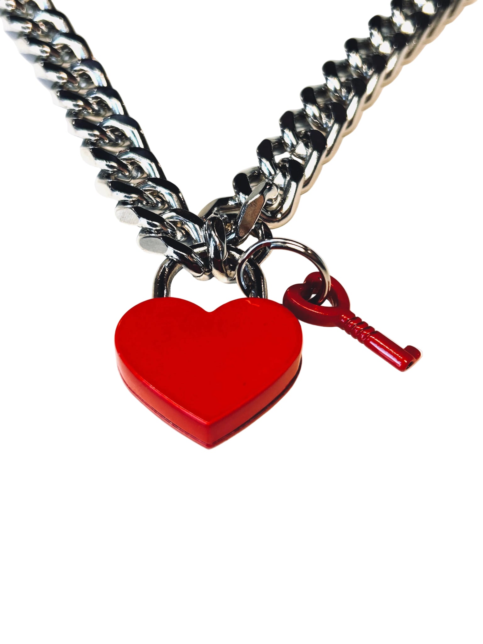 Thick Curved Links Red Heart Lock & Key Necklace – Thirteen Vintage