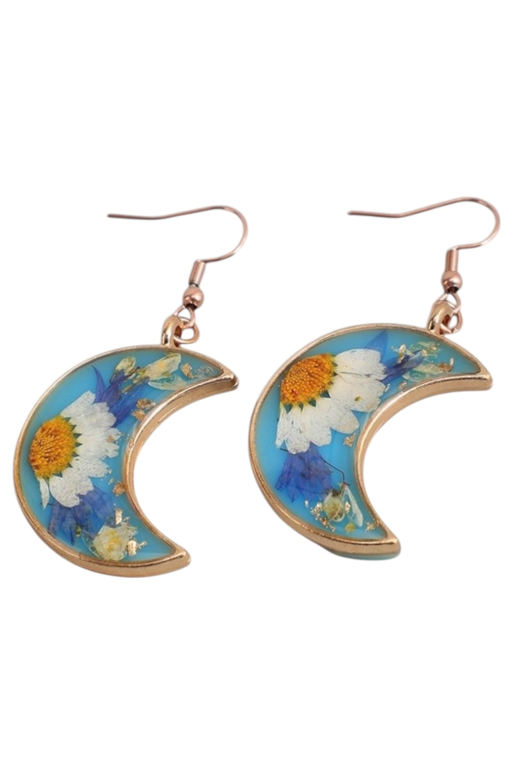 Crescent Moon with Dehydrated Flowers Resin Earrings