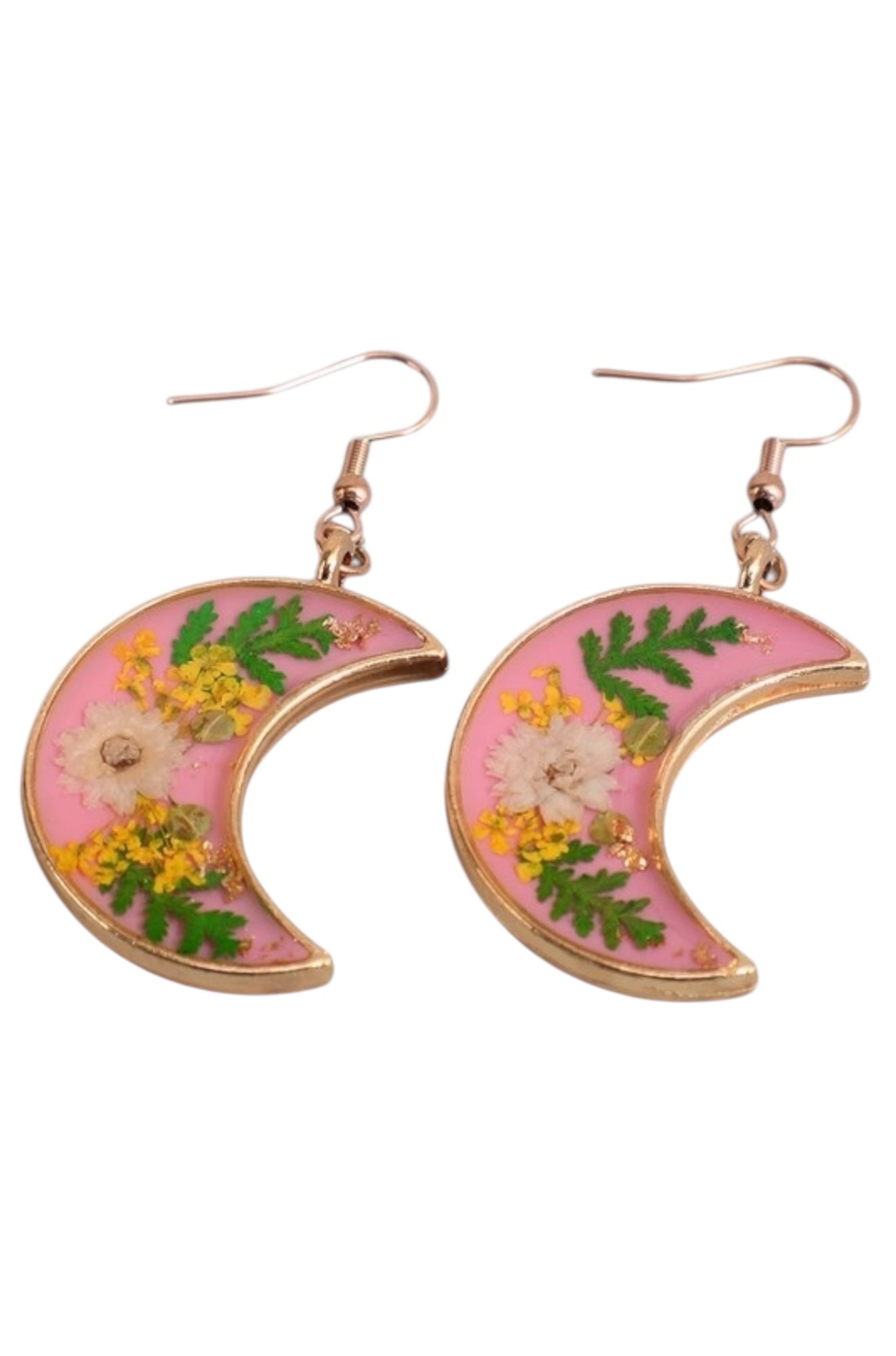 Crescent Moon with Dehydrated Flowers Resin Earrings