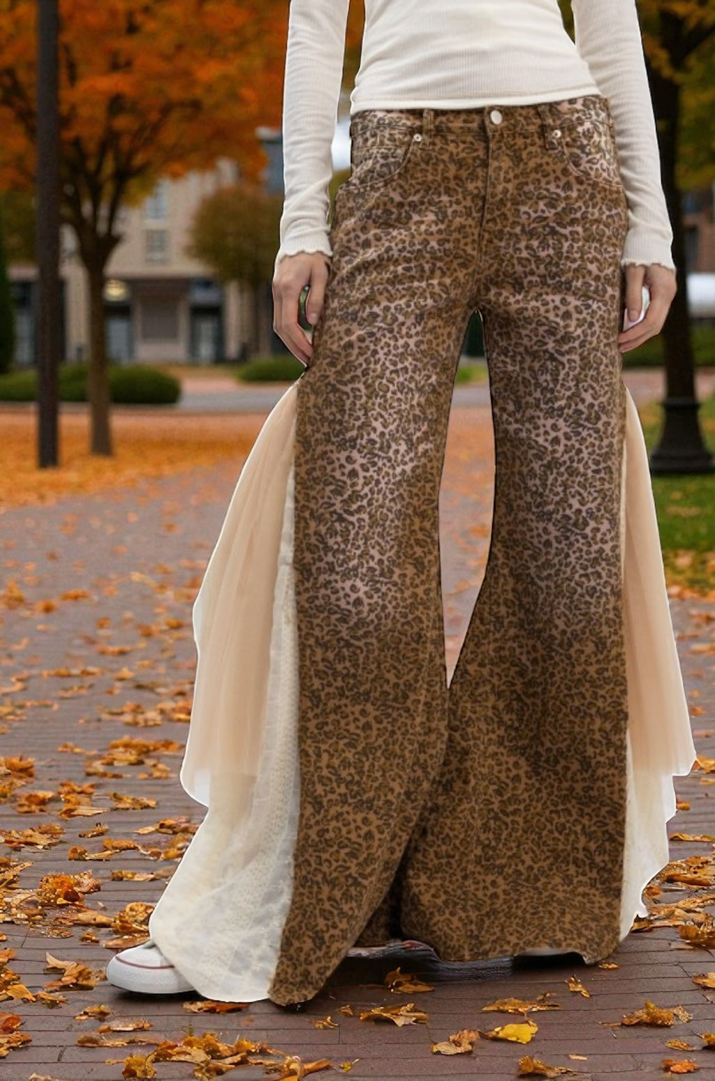 robin embroidered sheer panel & tulle insert leopard denim super flare jeans