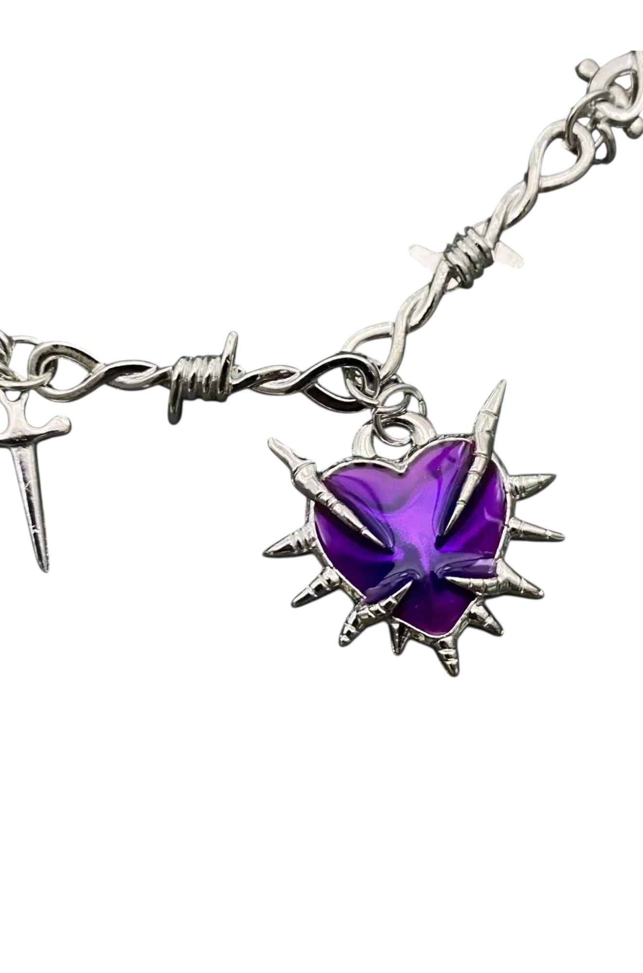 Gothic Purple Thorns Heart Dagger Charm Necklace