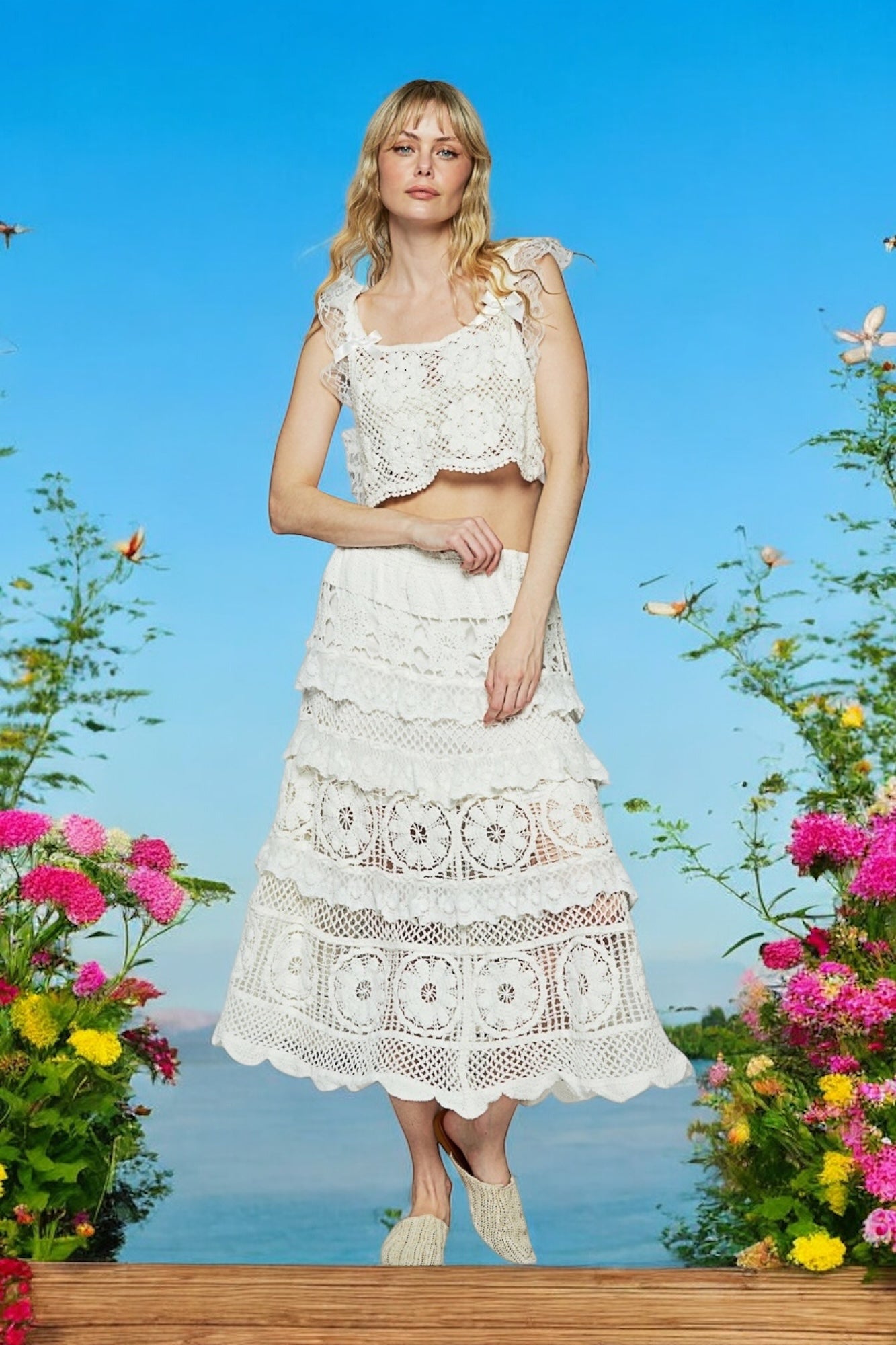 Belle CrochetFlowerPattern With Lace Trim & Bow Accent Cropped Top