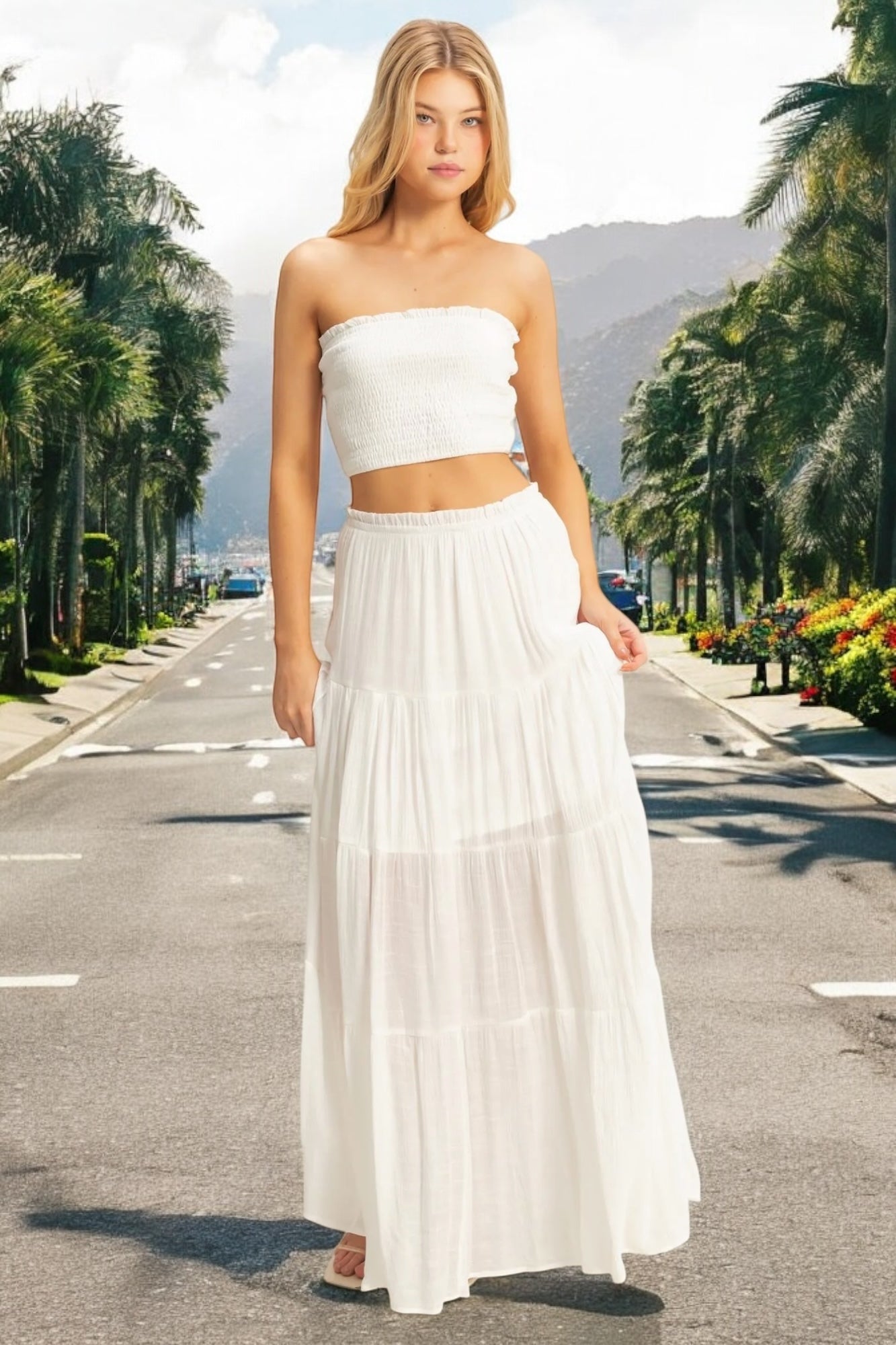 Anna Ruffle Trim Waistband Tiered Ruffle Maxi Skirt
