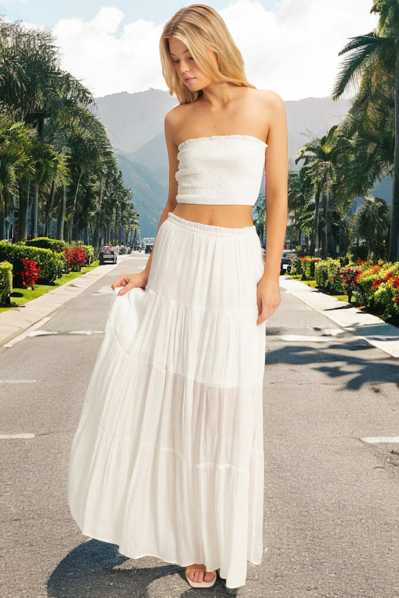 Anna Ruffle Trim Waistband Tiered Ruffle Maxi Skirt