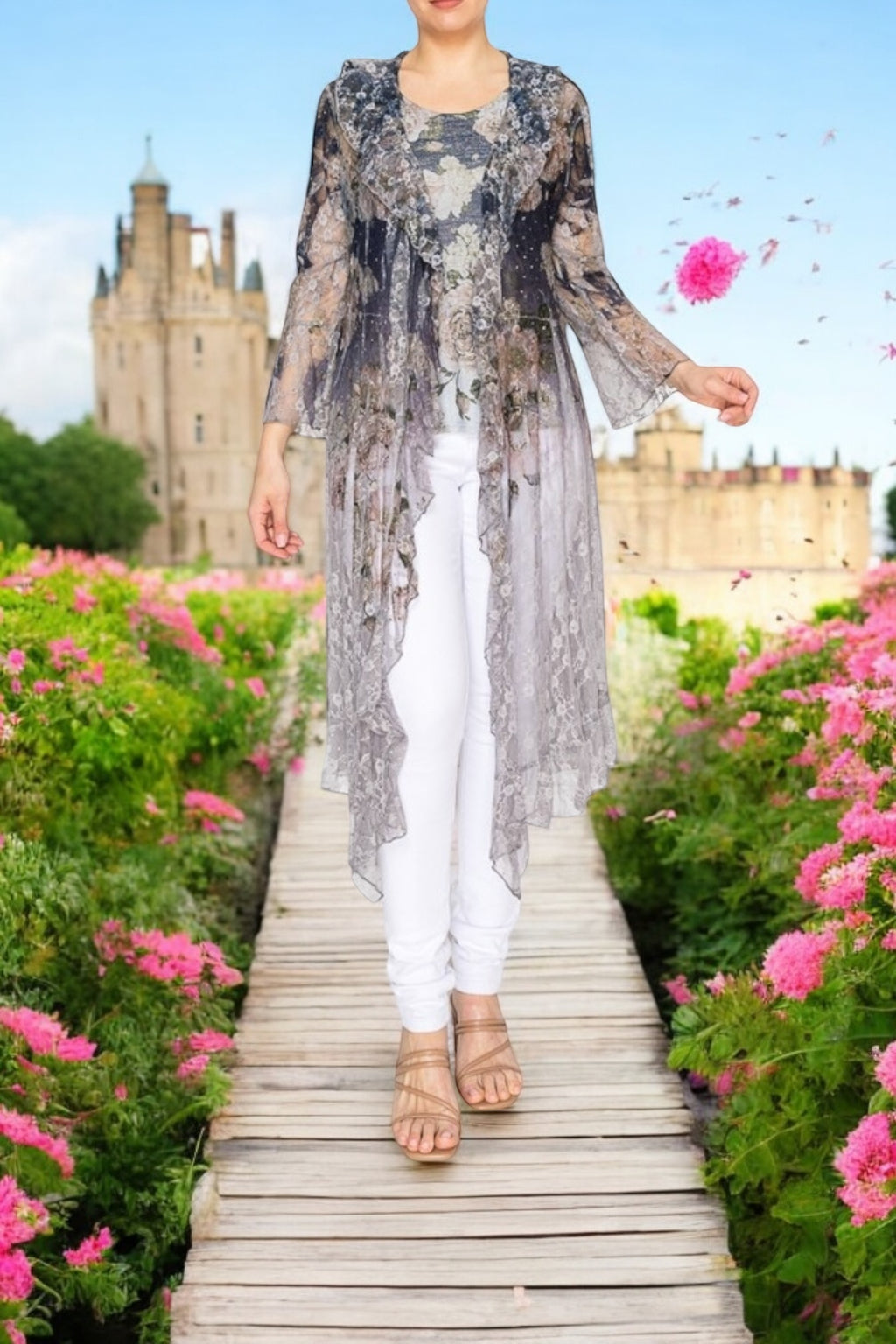 Nancy Floral Pattern Rhinestone Lace Cardigan