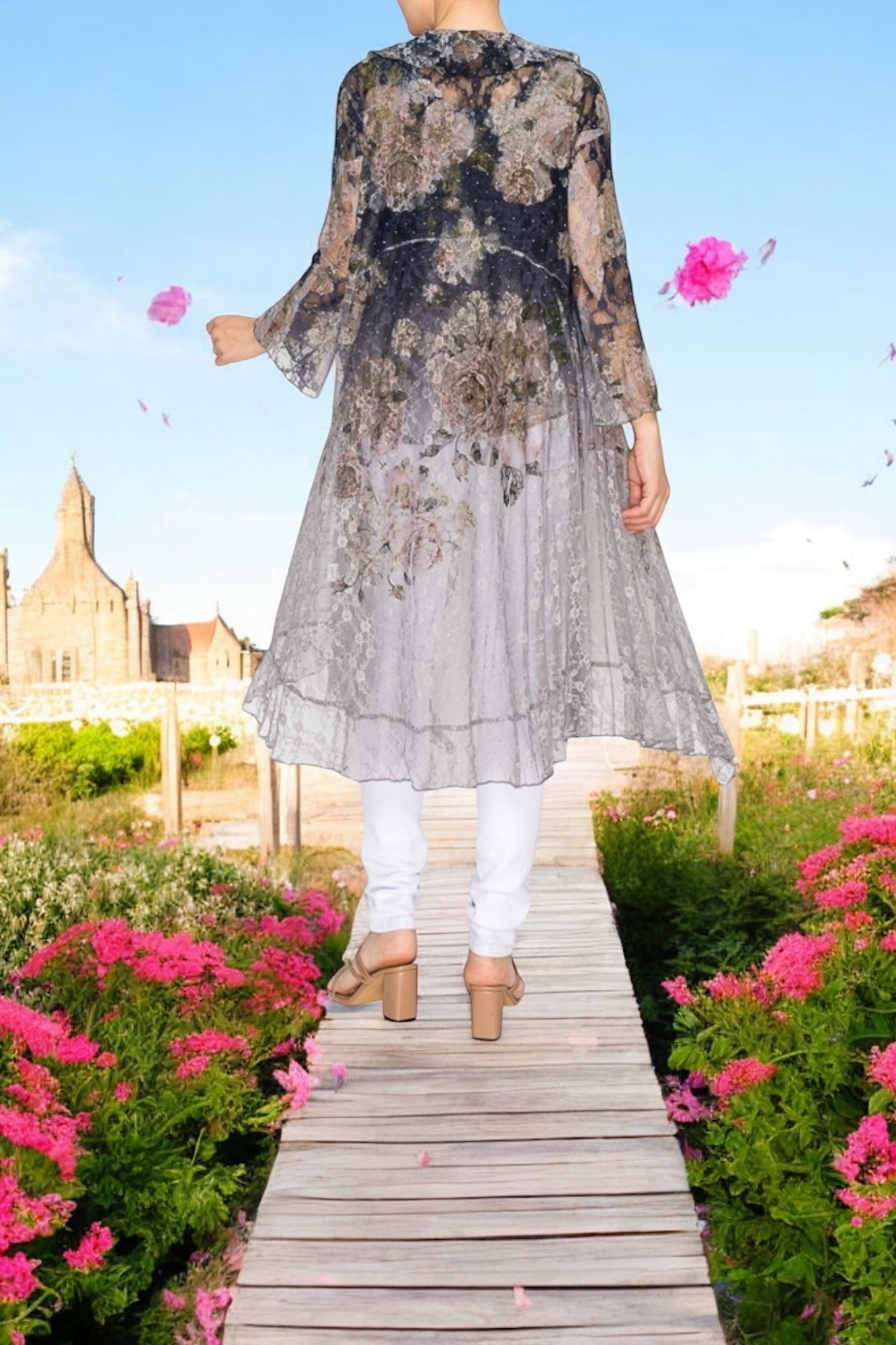 Nancy Floral Pattern Rhinestone Lace Cardigan