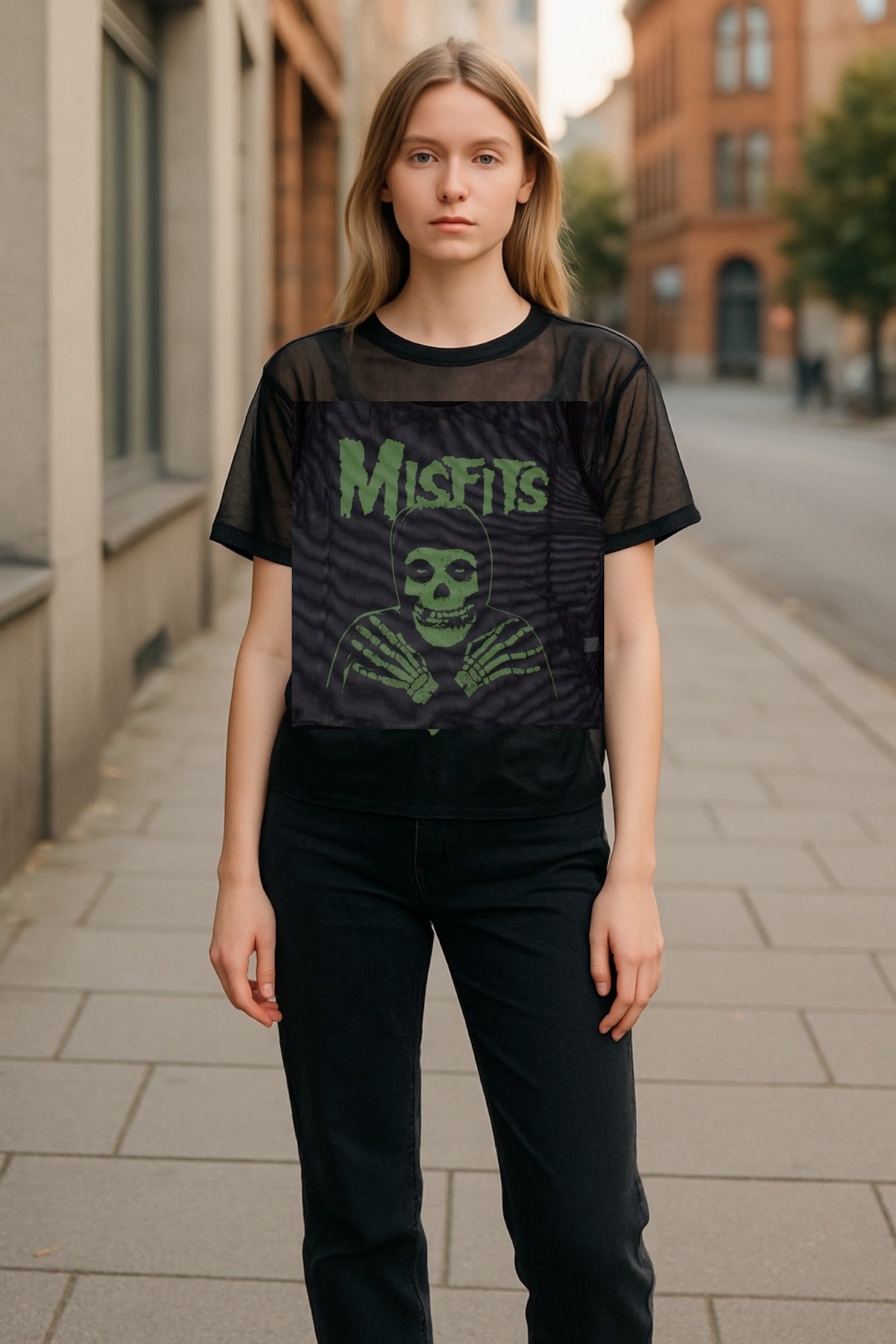 The Misfits Green Hands Print Mesh Cropped Top