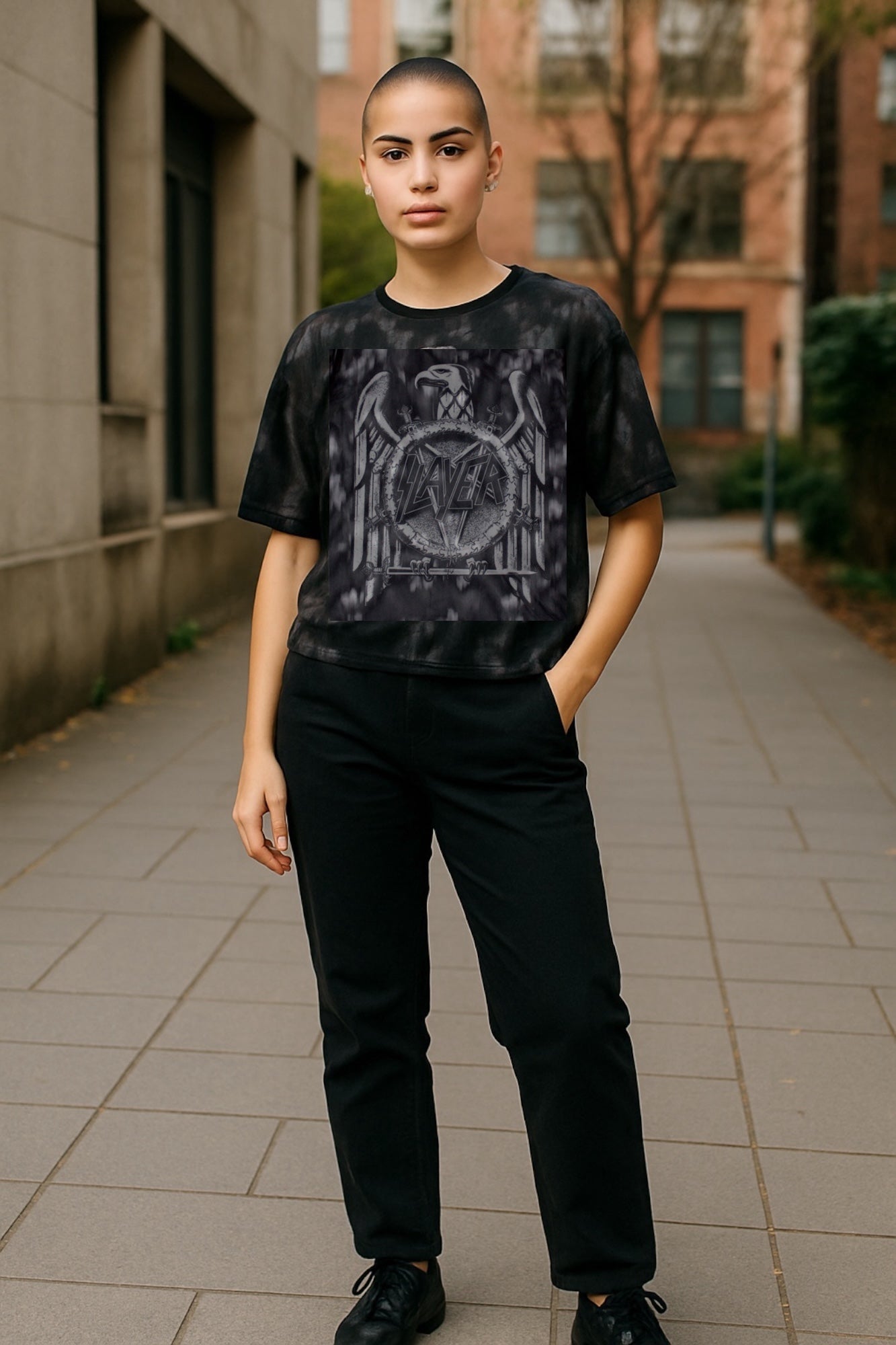 Slayer Mono Eagle & Bleached Out Spots Mesh Cropped Top