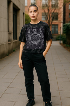 Slayer Mono Eagle & Bleached Out Spots Mesh Cropped Top