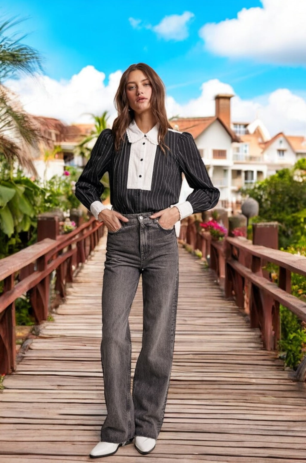Arabella Peter Pan Collar Contrast Yoke Button Down Shirt