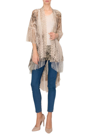 Nineen Antique Motifs Wallpaper Print TULLE TRIM LACE CARDIGAN