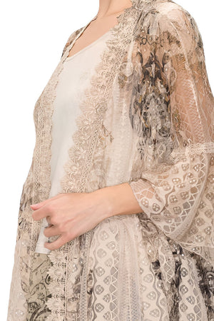 Nineen Antique Motifs Wallpaper Print TULLE TRIM LACE CARDIGAN
