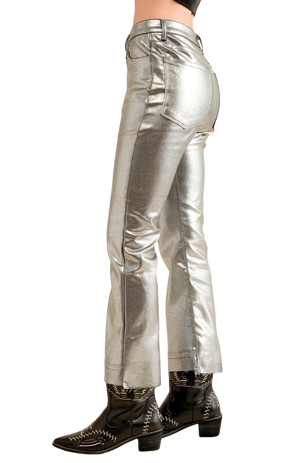 Ellyna Foil Metallic Asymmetrical Ankle Hem Pants
