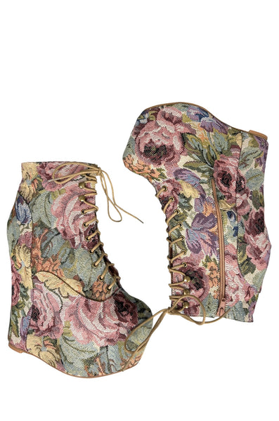 Jeffrey Campbell Damsel Floral Patterned Tapestry Platform Ankle