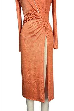 orange ribbed long sleeve bardot ruched bodycon dress AGGI Pre-Loved Orange Cutout Bodycon Maxi Dress