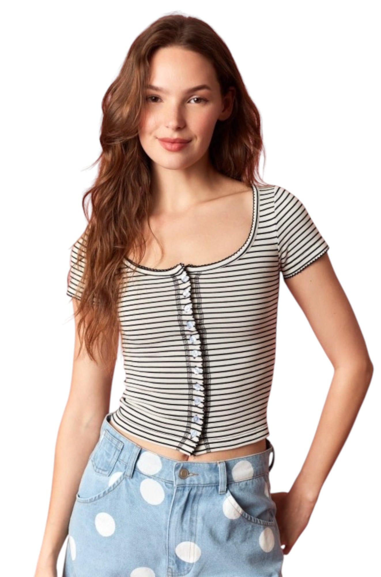 Alice Stripe Top — 100% Cotton Lettuce-Edge Button-Up | Thirteen