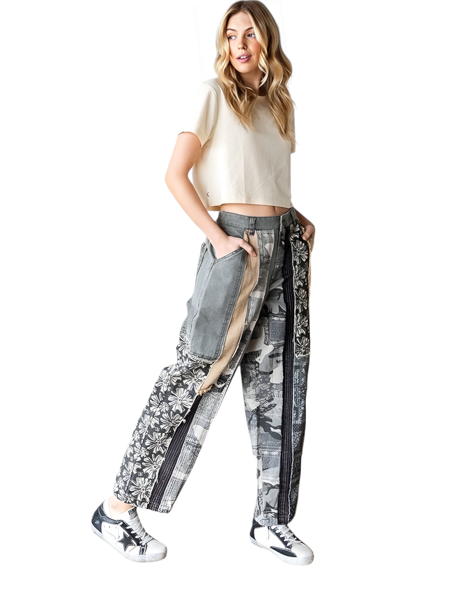 Chloe Mineral Washed Patchwork Slouchy Twill Pants