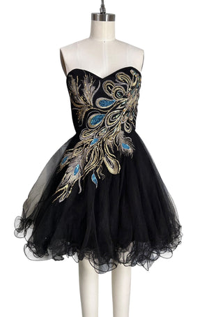 windsor formal dresses Pre-Owned Windsor Black Tulle Peacock Formal Dress | Hand Beaded