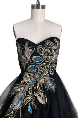 Pre-Owned Windsor Black Tulle Peacock Formal Dress | Hand Beaded