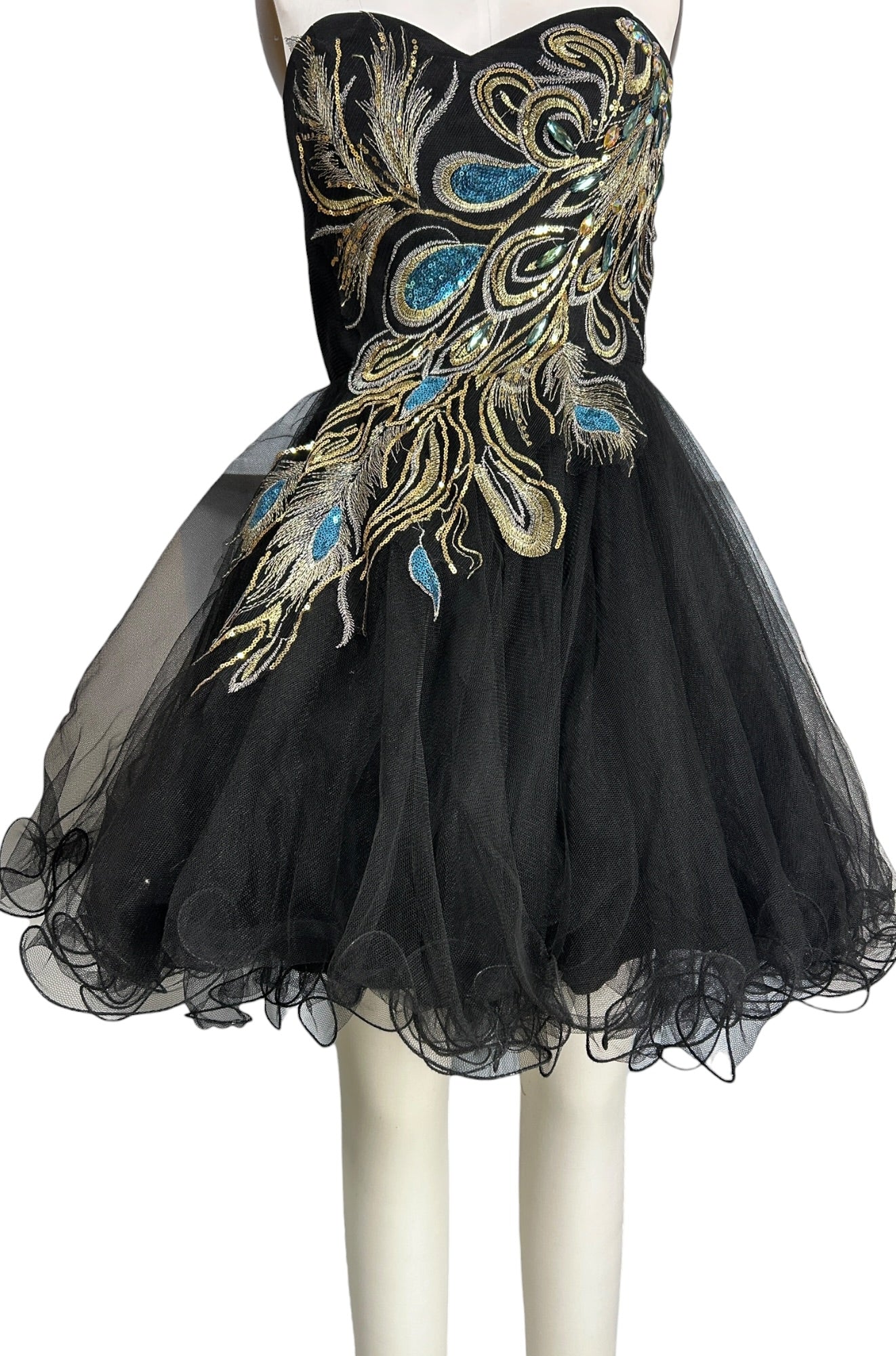 windsor black strapless dress Pre-Owned Windsor Black Tulle Peacock Formal Dress | Hand Beaded