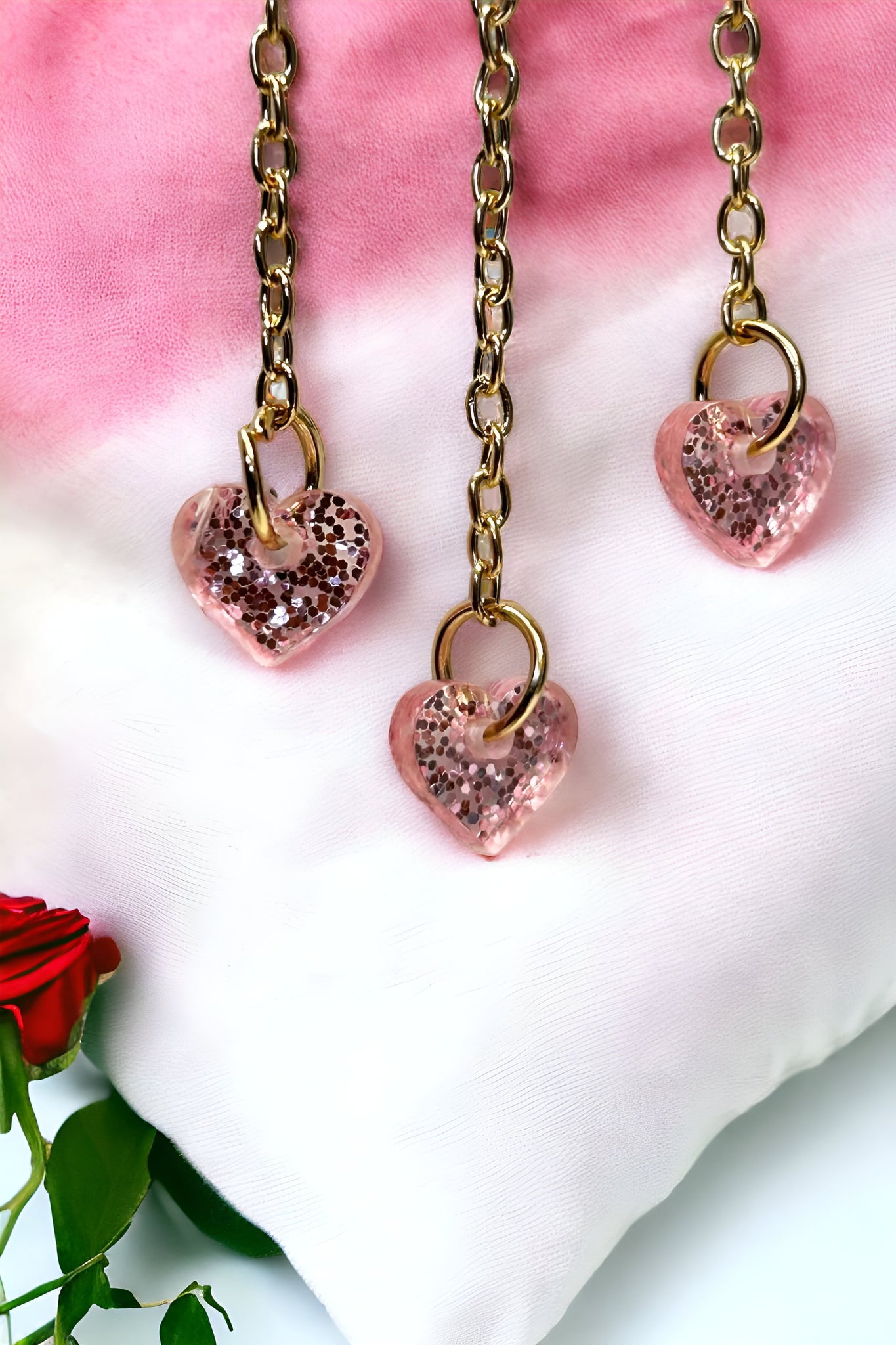 Heart Cutout Seashell Cloud With Glittery Pink Hearts Dangling Earrings