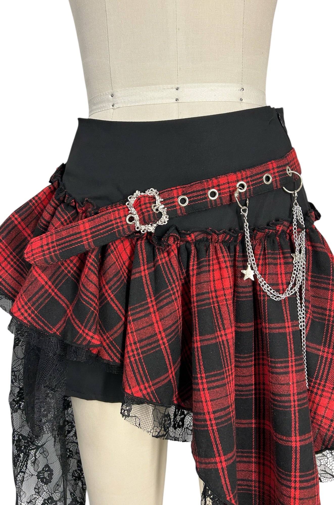 Black Mini Skirt – Red/Black Plaid, Lace Trim & Chain Belt