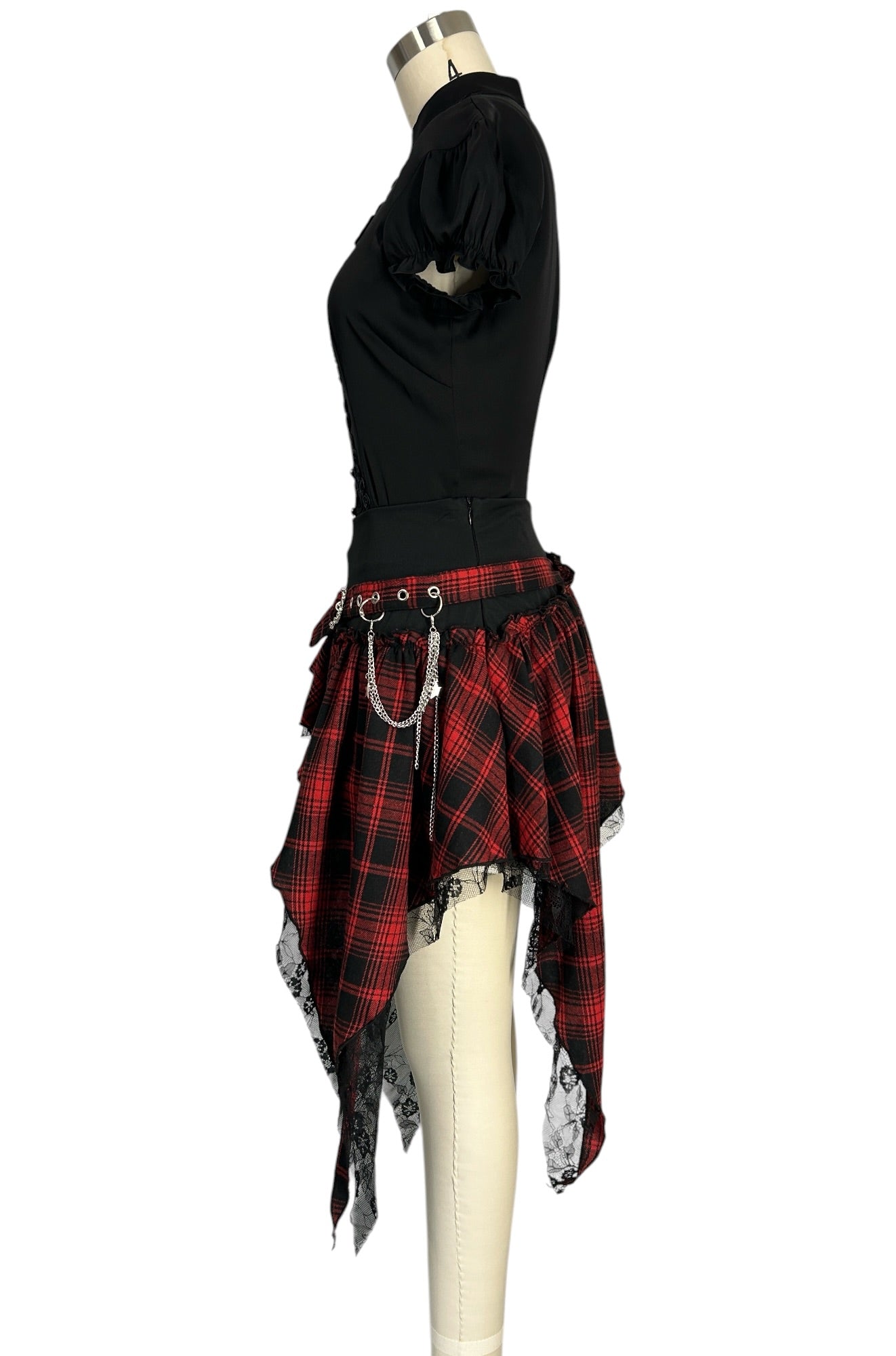 Black Mini Skirt – Red/Black Plaid, Lace Trim & Chain Belt