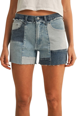 Endless Summer Patchwork Denim Shorts | Mid Rise Stretch