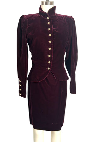 Ungaro Solo Donna Paris Vintage 80s Burgundy Velvet Blazer & Mini Skirt Set 