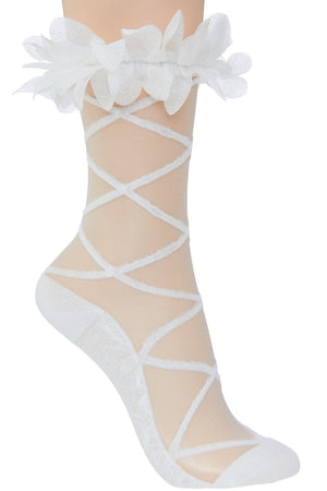 Natalie Floral Trim Criss-Cross Pattern Mesh Ankle Socks