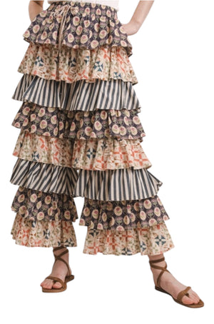 Mixed & Match Print Tiered Ruffle Pants | Floral Stripe Pull-On
