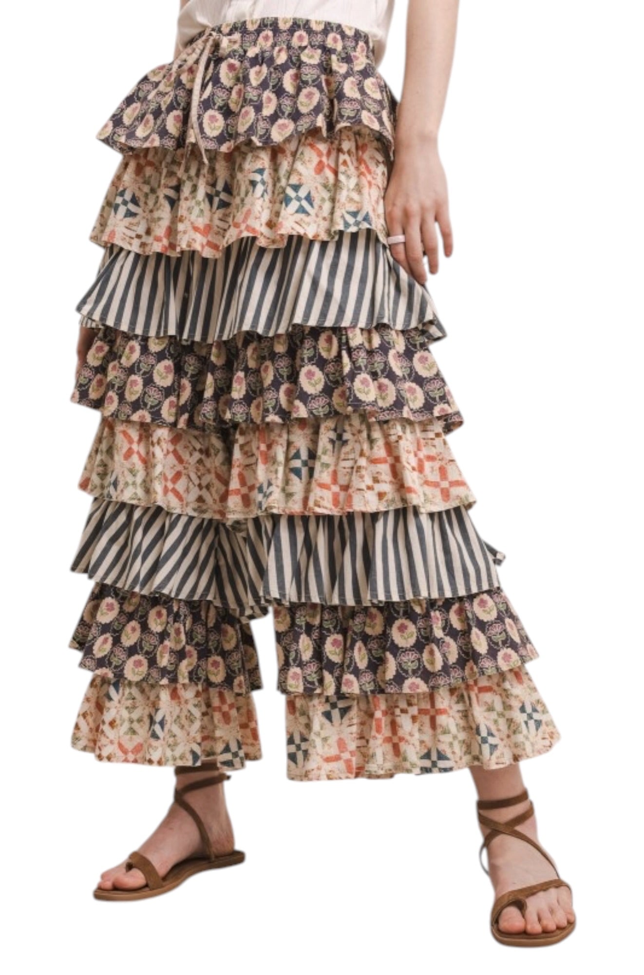 パンツ TYPESERVICE Mixed Pattern Ruffled Pants Mixed & Match Print Tiered Ruffle Pants | Floral Stripe Pull-On