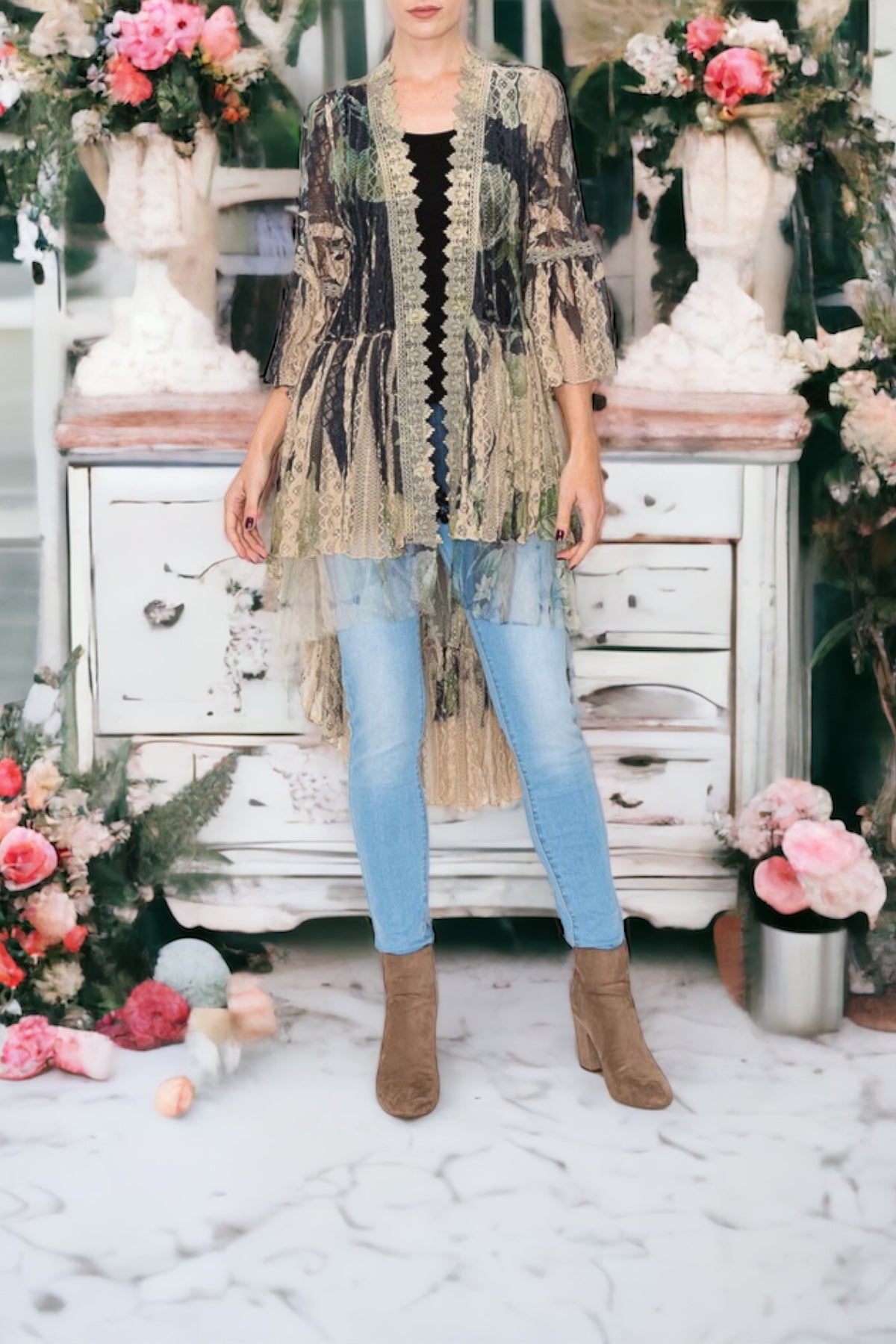Jeannette Black/Green Leafs & flower Print Lace & Tulle Trim Cardigan
