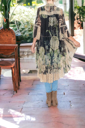 Jeannette Black/Green Leafs & flower Print Lace & Tulle Trim Cardigan