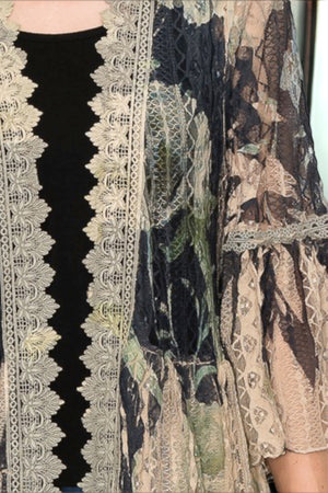 Jeannette Black/Green Leafs & flower Print Lace & Tulle Trim Cardigan