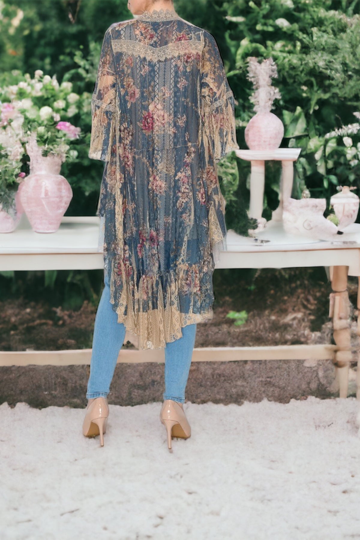 Luna Fuchsia Flower Print Lace & Tulle Trim Cardigan
