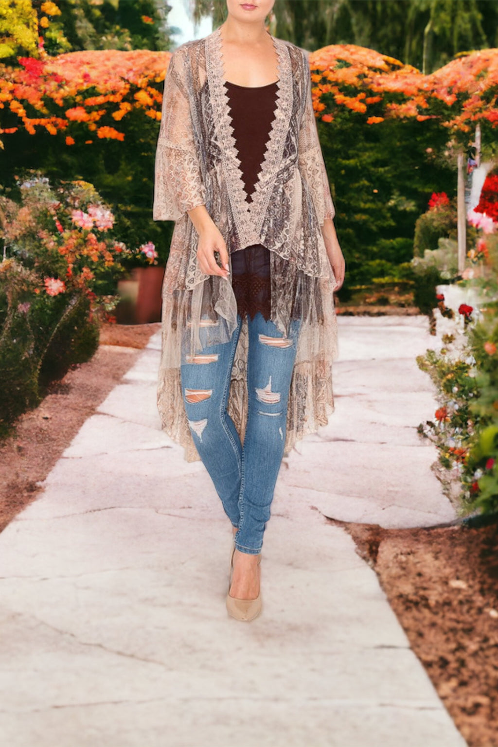 Mona Diamond & Flower Pattern Lace Tulle Trim Cardigan