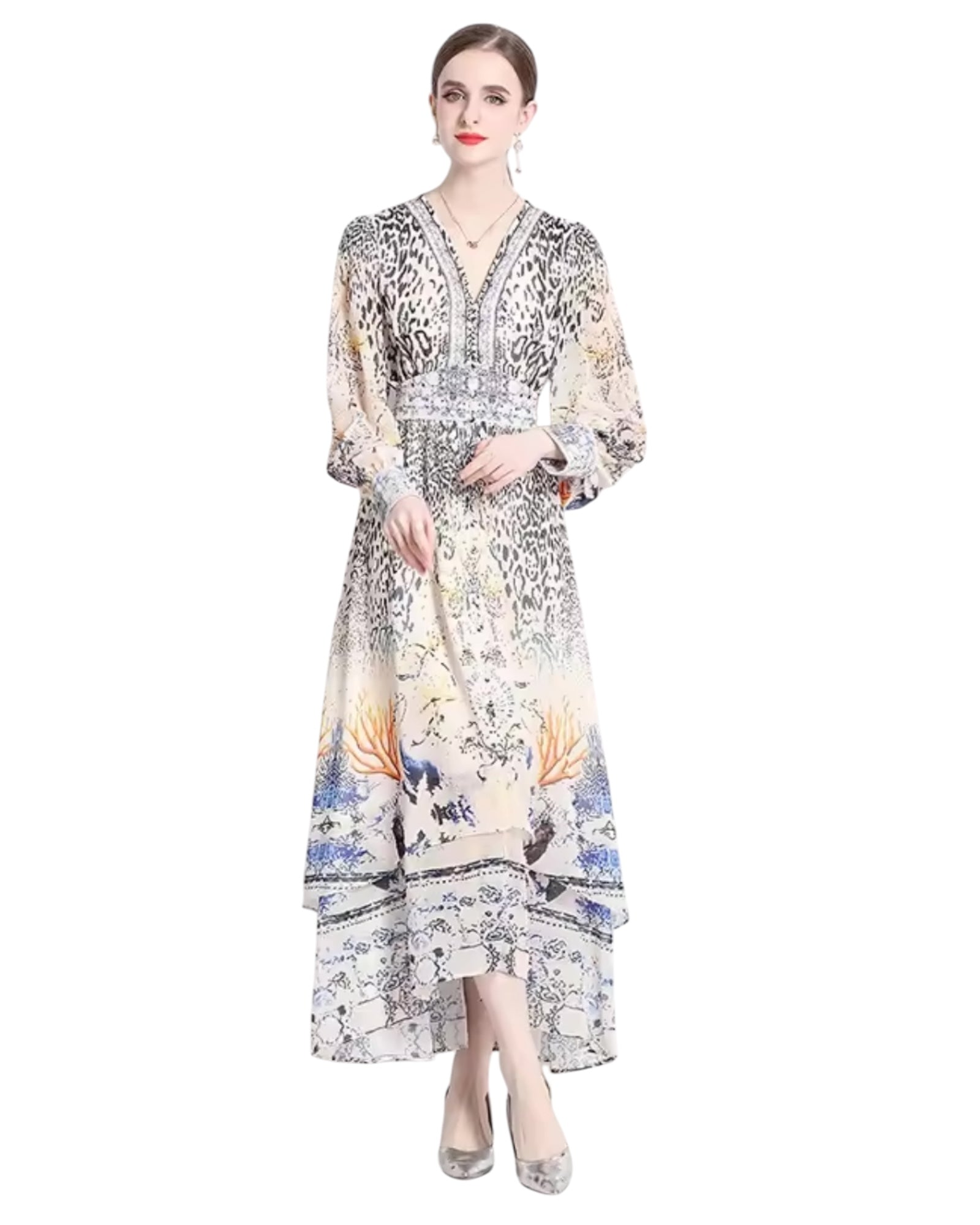 Donna Animal & Floral Mixed Print Chiffon Dress