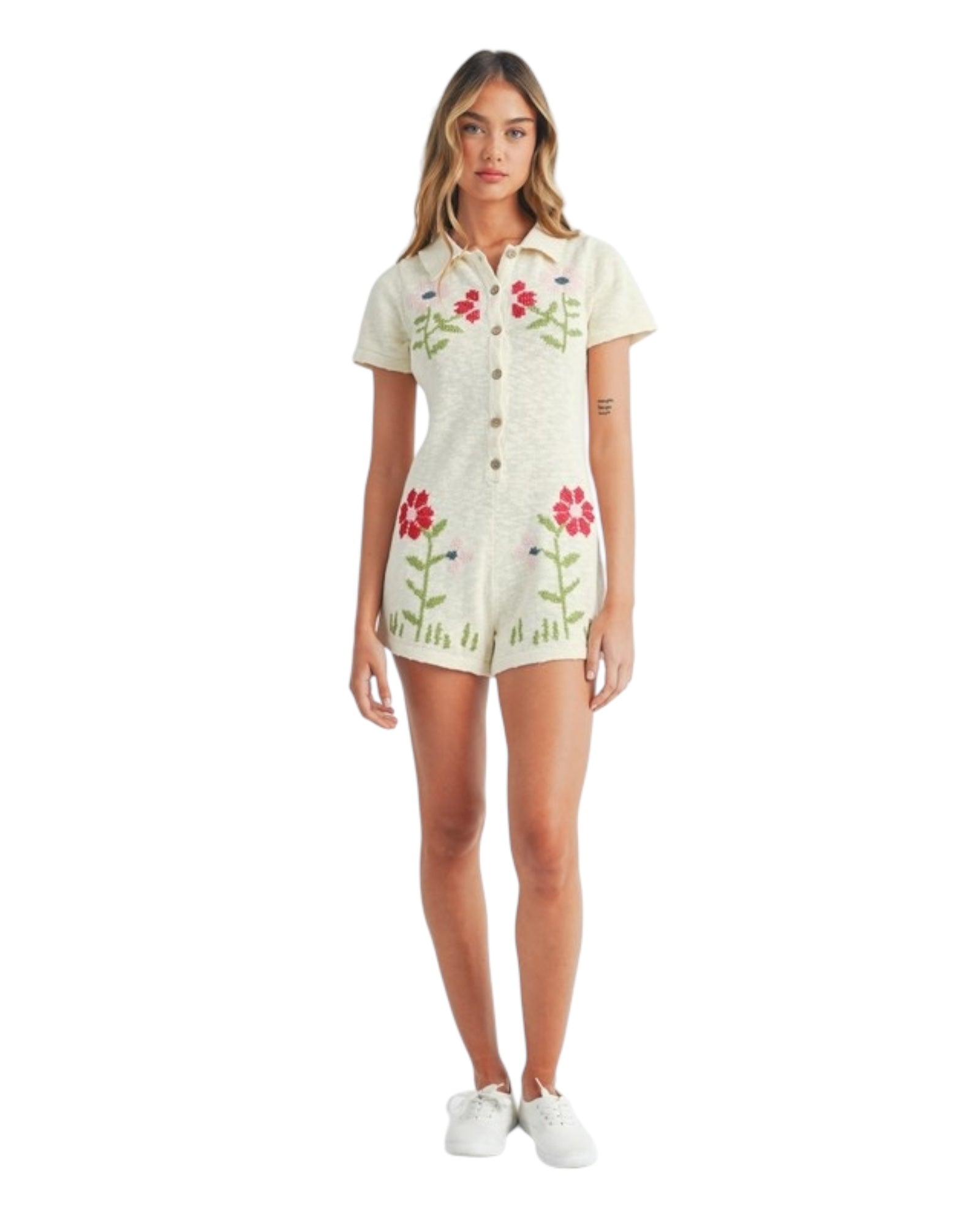 Nikki Embroidered Floral Knit Romper