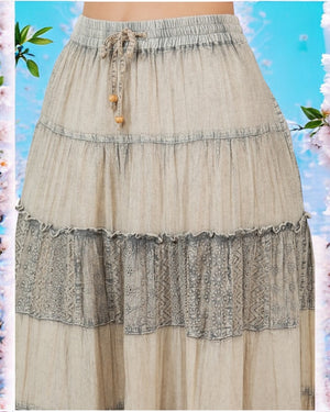 Millie Acid Washed Tiered Crinkle & Crochet Trim Maxi Skirt