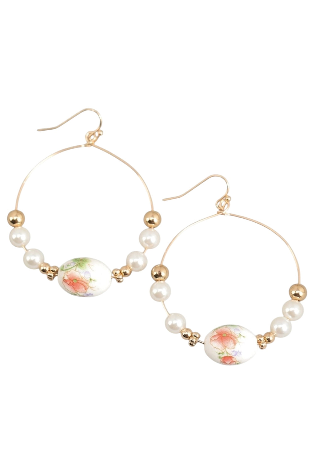 Flower Pattern Porcelain & Faux Pearl Hoops Earrings