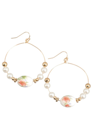 Flower Pattern Porcelain & Faux Pearl Hoops Earrings