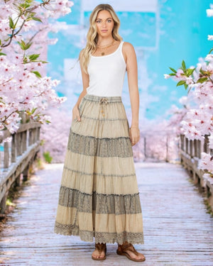 Millie Acid Washed Tiered Crinkle & Crochet Trim Maxi Skirt