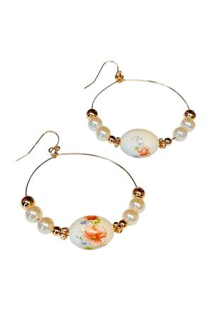 Flower Pattern Porcelain & Faux Pearl Hoops Earrings