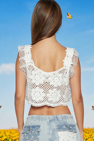 Belle CrochetFlowerPattern With Lace Trim & Bow Accent Cropped Top